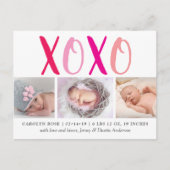 Hugs & Kisses (XOXO) 3 Foto Geburtsankündigung Ankündigungspostkarte (Vorderseite)