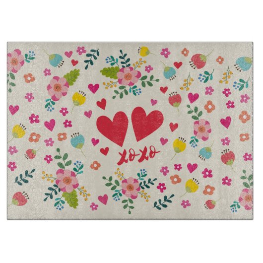 Hugs und Kisses - Blume und Herzen Schneidebrett (Vorderseite)