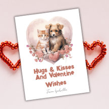 Hugs und Kisses Cat Dog Valentines Pink Card