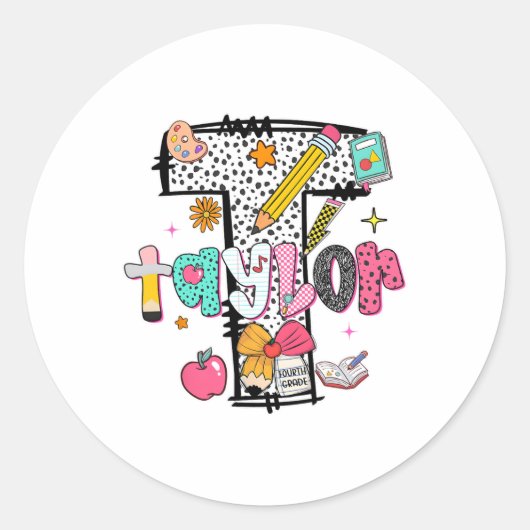 Hugvyn Back To School Taylor Name Fourth Grade Tea Runder Aufkleber (Vorderseite)