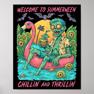 Hugvyn Halloween Zombie Float Flamingo Poster