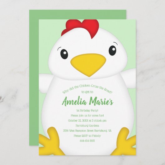 Huhn Birthday Party Green Einladung (Vorne/Hinten)