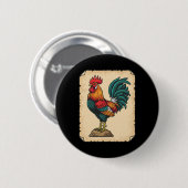 Huhn, Bunter Hahn steht hoch Button (Vorne & Hinten)