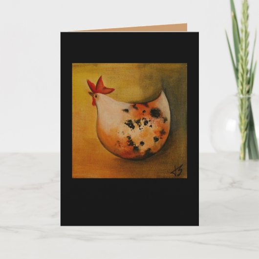 Huhn, das links Karte gegenüberstellt (Vorderseite)