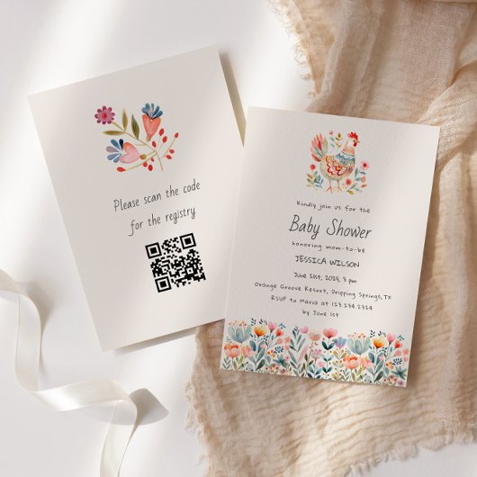 Huhn Folk Colorful Girl Boy Babydusche Einladung