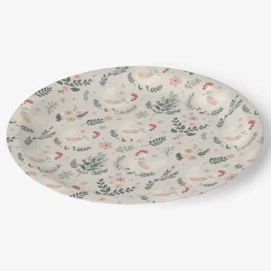 Huhn im Garten Pappteller (Schrägansicht)