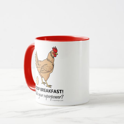 Huhn kackt Frühstücks-lustigen Entwurf Tasse (Vorderseite Links)