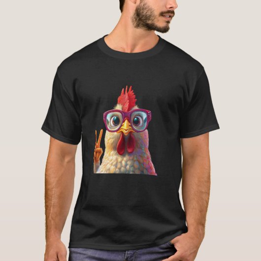 Huhn mit Brille Friedenszeichen Spaß T-Shirt (Vorderseite)
