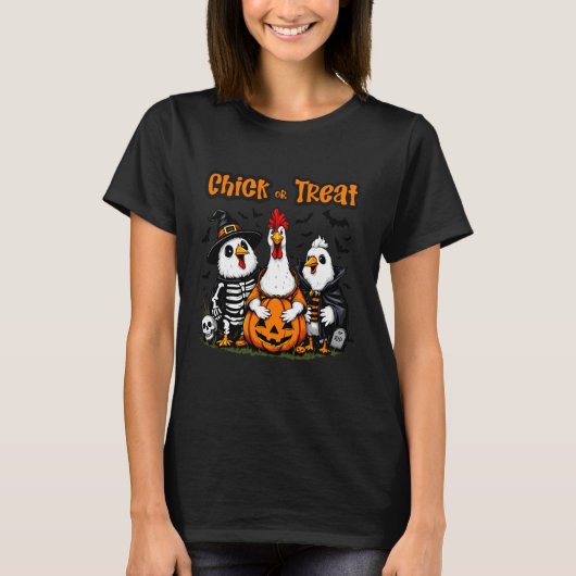 Huhn oder Süßigkeit Lustiger Halloween-Hühnerbauer T-Shirt (Vorderseite)