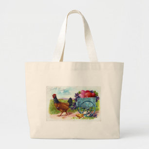 Huhn zieht Oster-Wagen Vintage-Postkarte Jumbo Stoffbeutel
