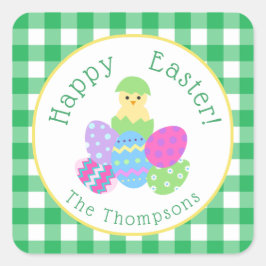 Hühnchen Färbte Eier Grün Kariert Frohe Ostern Run Quadratischer Aufkleber