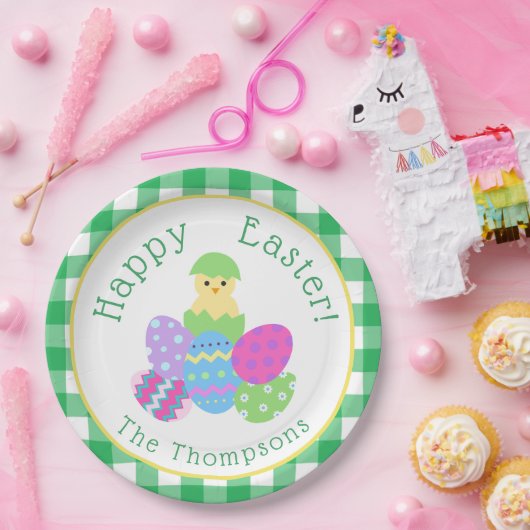Hühnchen Färbte Eier Grüne Karos Fröhliche Ostern Pappteller (Party)