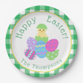 Hühnchen Färbte Eier Grüne Karos Fröhliche Ostern Pappteller (Vorderseite)