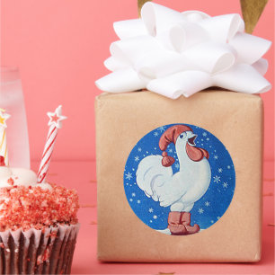 Hühnchen in rotem Hut singen in Weihnachtsschnee-T Runder Aufkleber