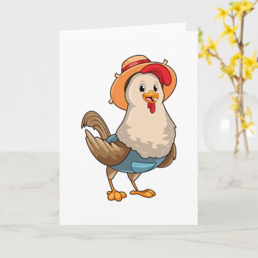 Hühner als Bauer mit Hut Karte (Gelbe Blume)