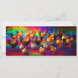 Hühner auf einem Regenbogenhintergrund   Einladung