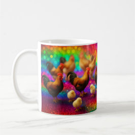 Hühner auf einem Regenbogenhintergrund   Kaffeetasse