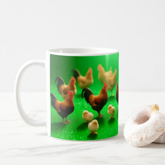 Hühner auf grünem Hintergrund  Kaffeetasse (Mit Donut)