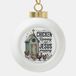 Hühner aufziehendes, Jesus preisendes Vintage-Farm Keramik Kugel-Ornament