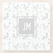 Hühner aus mit Monogramm Schwarz und Weiß, Cartoon Glasuntersetzer (Rückseite)