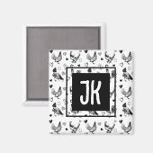 Hühner aus mit Monogramm Schwarz und Weiß, Cartoon Magnet (Vorderseite/Rückseite)