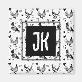 Hühner aus mit Monogramm Schwarz und Weiß, Cartoon Magnet