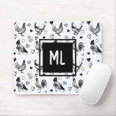 Hühner aus mit Monogramm Schwarz und Weiß, Cartoon Mousepad (Mit Mouse)