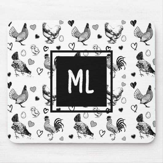 Hühner aus mit Monogramm Schwarz und Weiß, Cartoon Mousepad (Vorne)