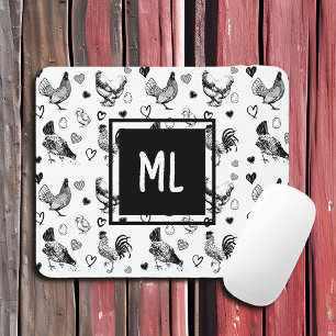 Hühner aus mit Monogramm Schwarz und Weiß, Cartoon Mousepad