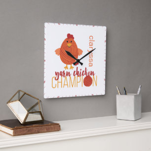 Hühner-Champion aus Rot und Orange Garn Quadratische Wanduhr