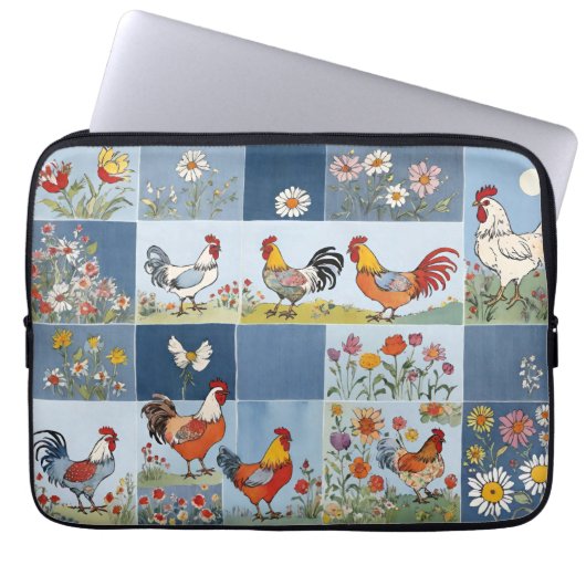 Hühner Floral Retro Denim Patchwork Plätze Laptopschutzhülle (Vorderseite)
