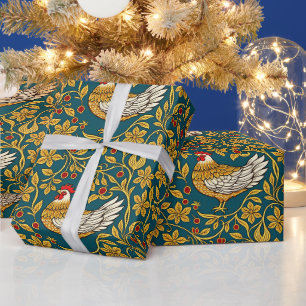Hühner Goldenes Mittelalterliches Blumenmuster Geschenkpapier
