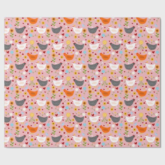 Hühner im Blumengarten Rosa Geschenkpapier (Flach)