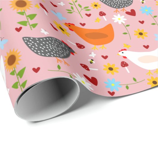Hühner im Blumengarten Rosa Geschenkpapier (Rolleneckpunkt)