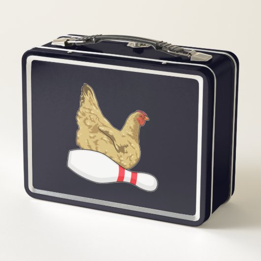 Hühner im Bowling mit Bowling Button Metall Brotdose (Rückseite)