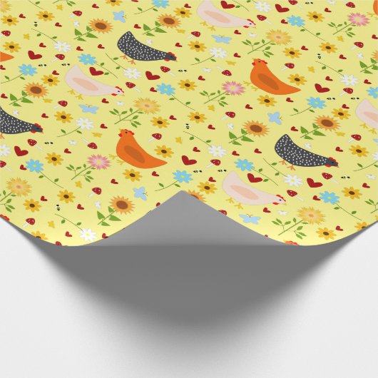 Hühner im Garten mit Blume und Bugs Geschenkpapier (Ecke)