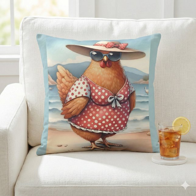 Hühner in Badeanzügen am Meer Kissen (Chickens in Swimsuits at the Seaside Throw Pillow Mockup A)