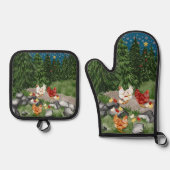 Hühner, Küken und Schneeflocken blau Ofenhandschuh & Topflappen-Set (Vorderseite)