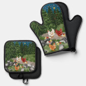 Hühner, Küken und Schneeflocken blau Ofenhandschuh & Topflappen-Set (Vorderseite/Rückseite)