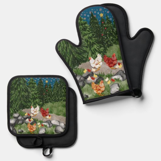Hühner, Küken und Schneeflocken blau Ofenhandschuh & Topflappen-Set (Vorderseite/Rückseite)
