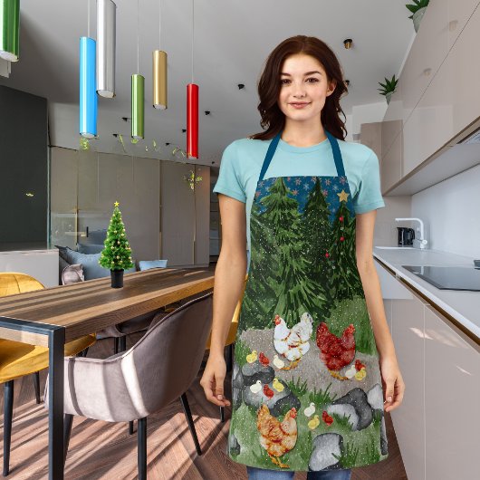 Hühner, Küken und Schneeflocken blau Schürze