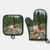 Hühner, Küken und Schneeflocken sind hellblau Ofenhandschuh & Topflappen-Set (Vorderseite)