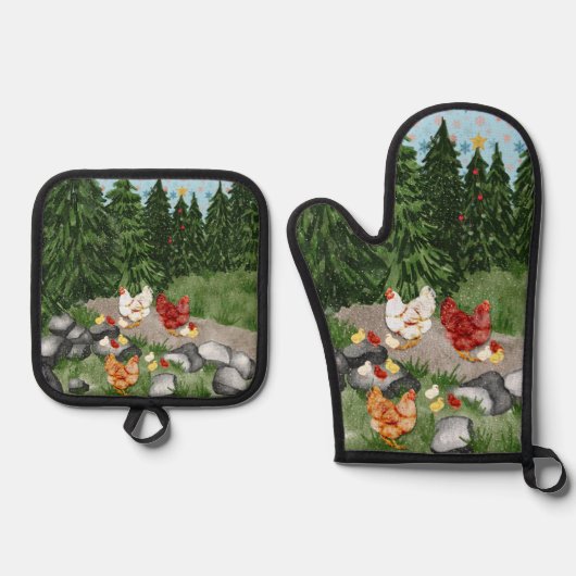 Hühner, Küken und Schneeflocken sind hellblau Ofenhandschuh & Topflappen-Set (Vorderseite)
