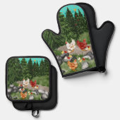 Hühner, Küken und Schneeflocken türkisblau Ofenhandschuh & Topflappen-Set (Vorderseite/Rückseite)