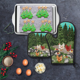 Hühner, Küken und Schneeflocken türkisblau Ofenhandschuh & Topflappen-Set