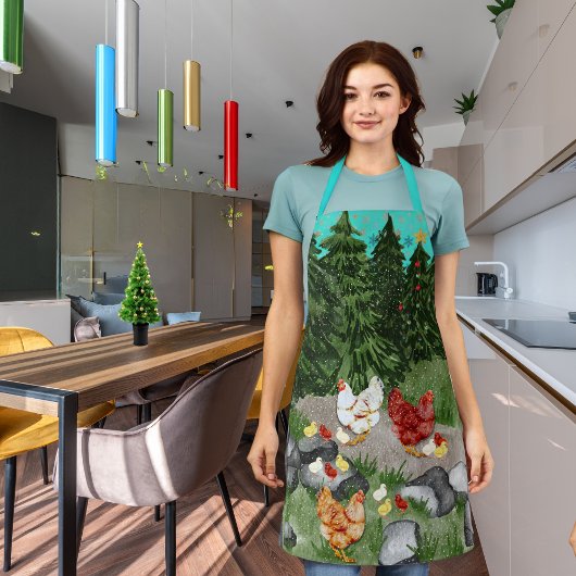 Hühner, Küken und Schneeflocken türkisblau Schürze