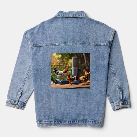 Hühner Mic Check – fotorealistischer Geflügelklang Jeansjacke (Rückseite)