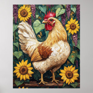 Hühner mit Blumen Ölmalerei Poster