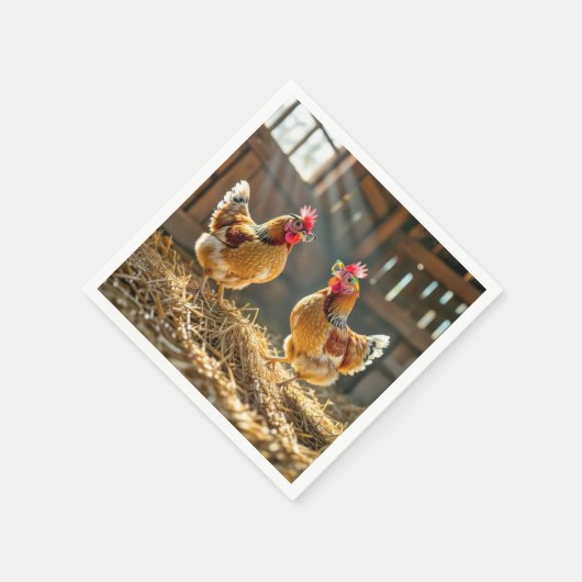 Hühner mit Brille in einem sonnigen Stall Serviette (Ecke)