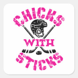 Hühner mit Sticks Hockey Women Girls Quadratischer Aufkleber
